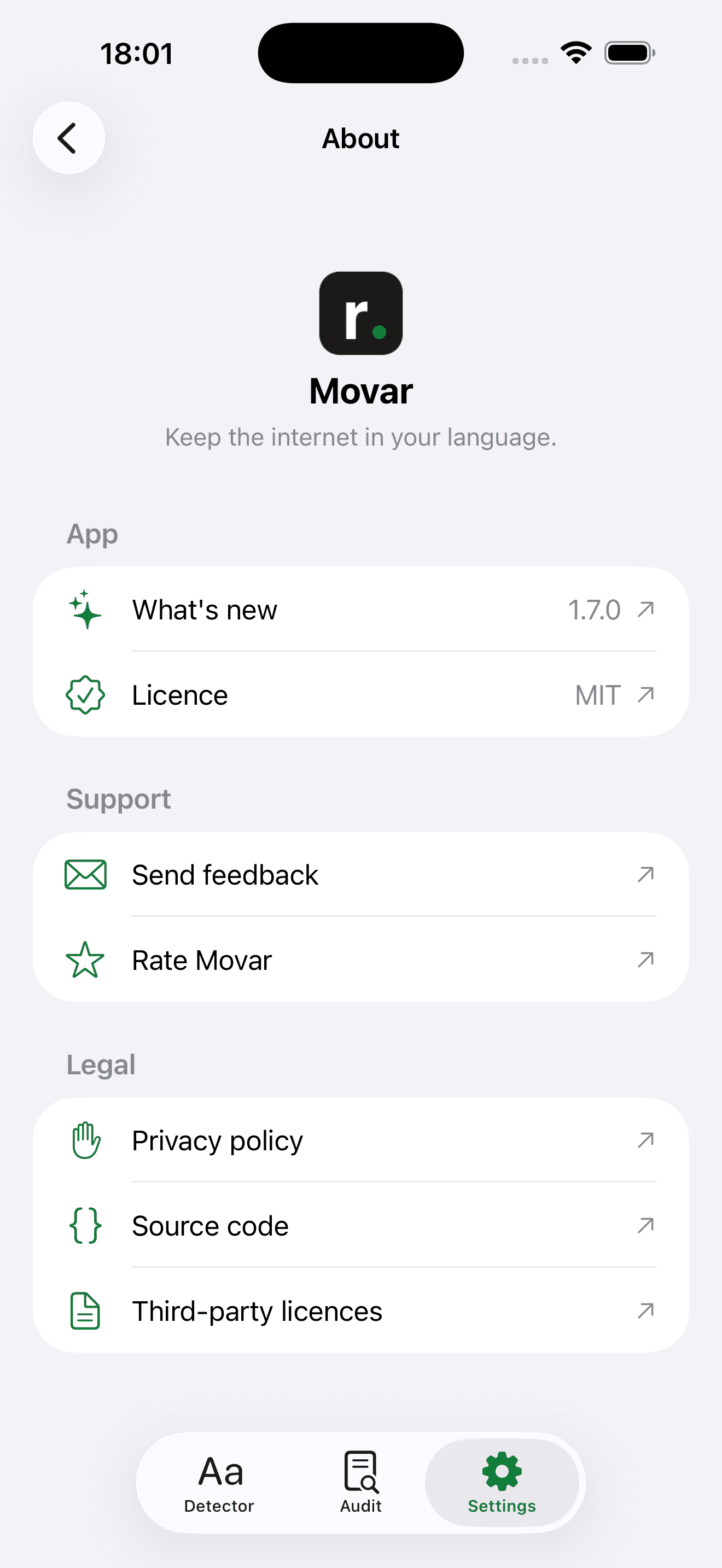 Movar's iOS About screen: the app name and tagline, its MIT licence, and links to the source code and privacy policy.