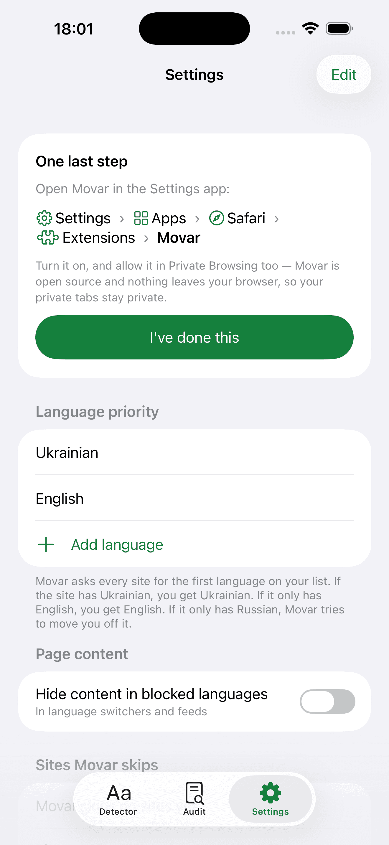 Movar's iOS Safari settings screen: the language-priority list (Ukrainian, English) and the toggle to hide content in blocked languages.
