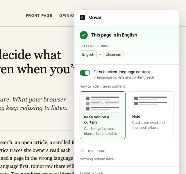 The Movar popup open over an English-language news article: the page is confirmed as English, the preferred order is English then Ukrainian, and filtered content is kept behind a curtain rather than removed.