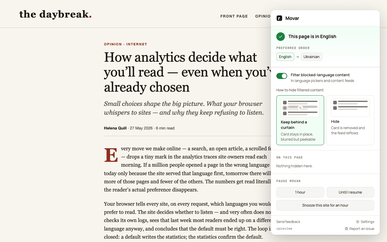 The Movar popup open over a news article: the page is in English, and the preferred order is English, then Ukrainian.