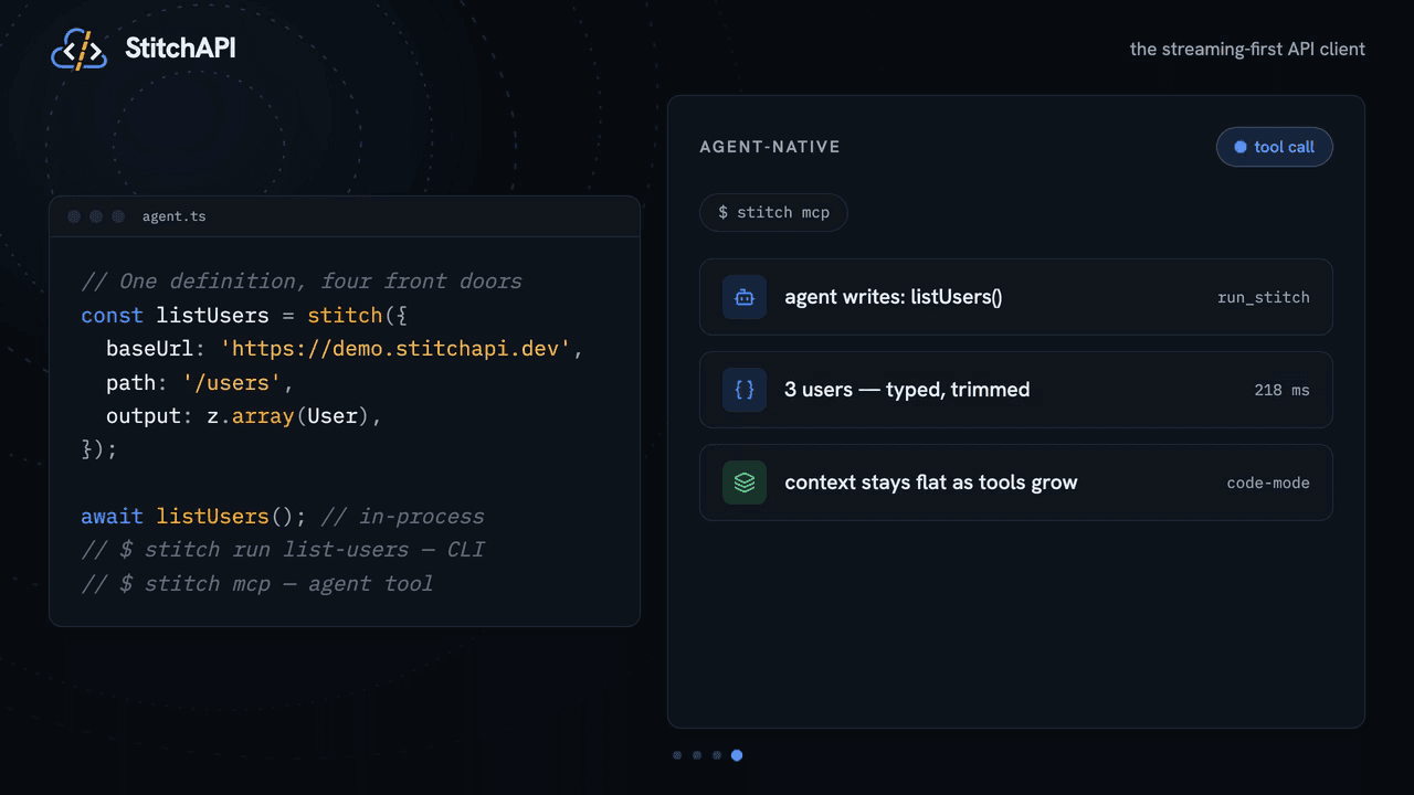 The StitchAPI demo’s agent-native chapter: an agent calling the same stitch through `stitch mcp` and getting a typed, trimmed result instead of raw bytes.